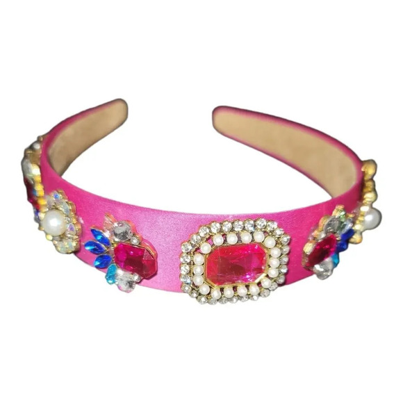 Accessories - Barbiecore pink satin n suede rhinestone pearl baroque luxury bejeweled headband
